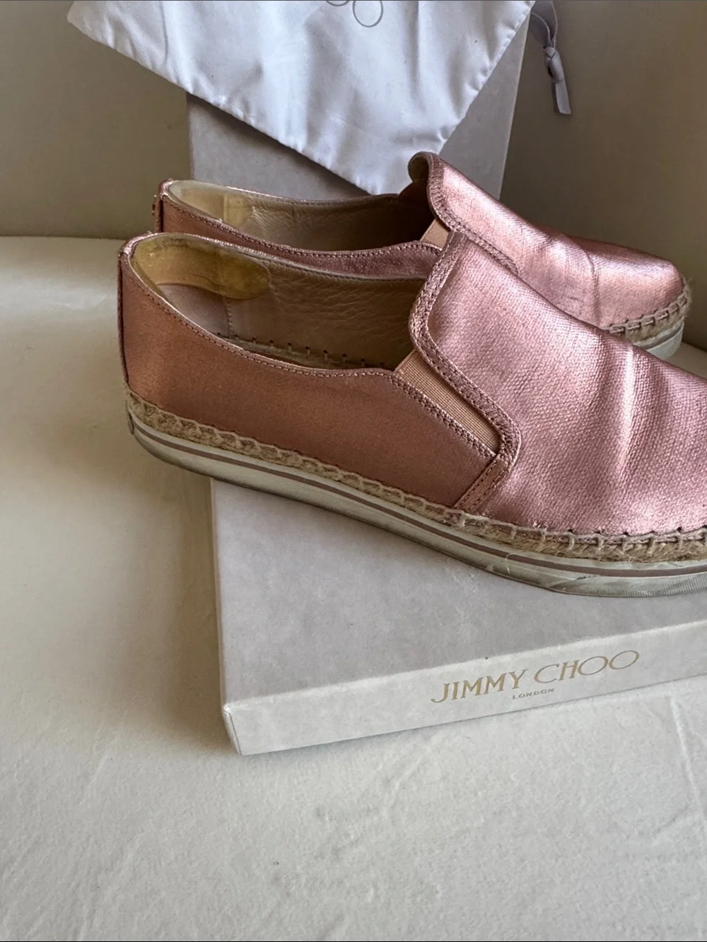 Jimmy Choo Rose Gold Espadrille Slip-On Flats